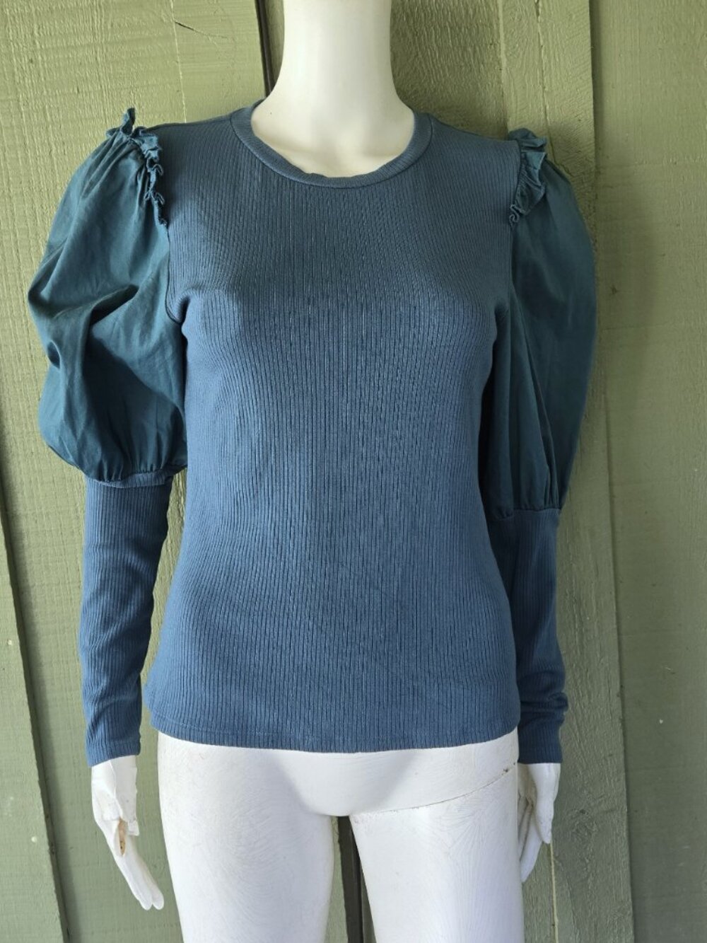 SUNDAY IN BROOKLYN Teal Ribbed Puffed Sleeve Top Medium